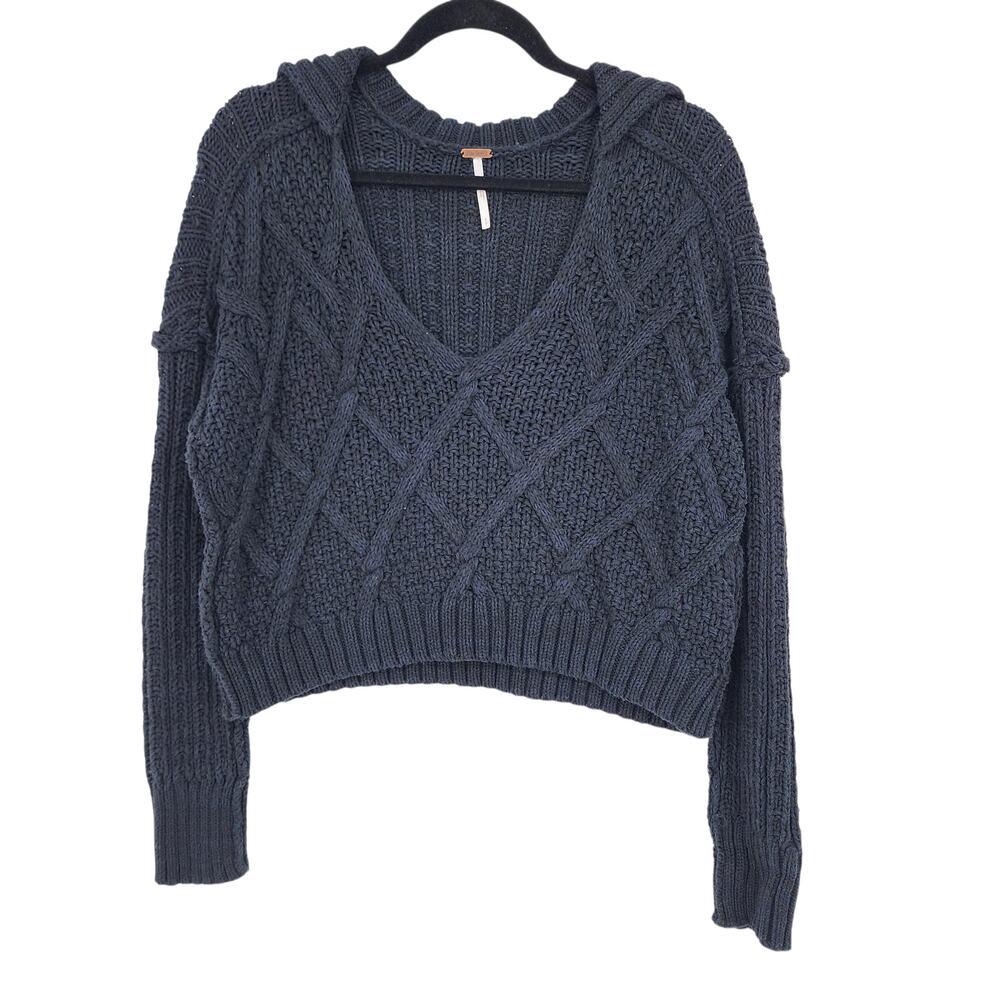 Free People Navy Blue Traveler Collared V-Neck Cable Knit Cropped Sweater Size S